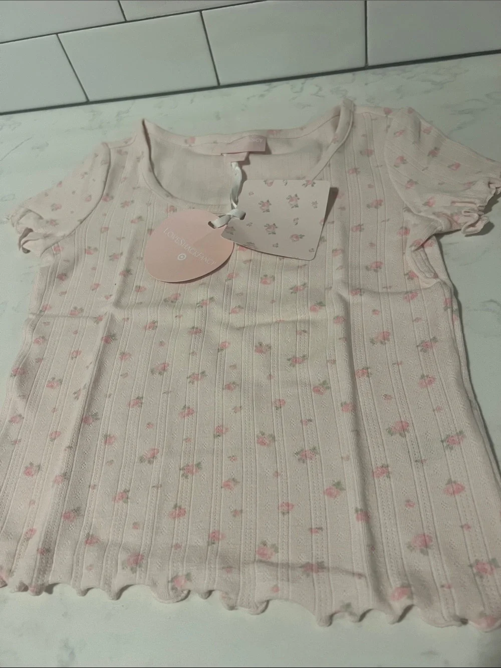 LoveShackFancy Light Pink Floral Ribbed Short Sleeve Top